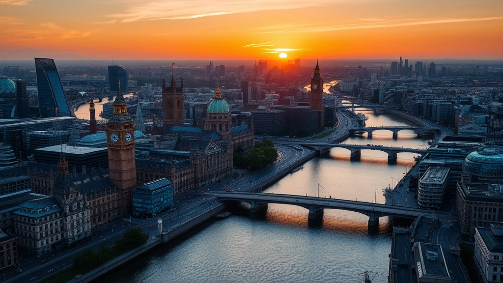 Aerial view of London skyline at sunset with Thames River winding through cityscape, Big Ben and Houses of Parliament visible, golden hour lighting reflecting off water