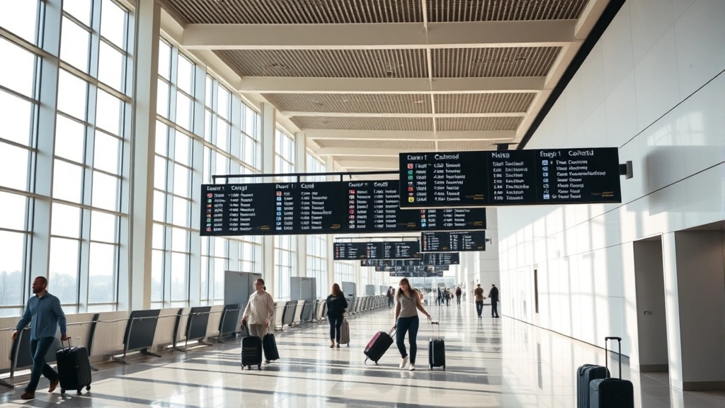Modern airport terminal interior with departure boards displaying flight information, passengers with luggage walking through bright corridor, natural light streaming through windows