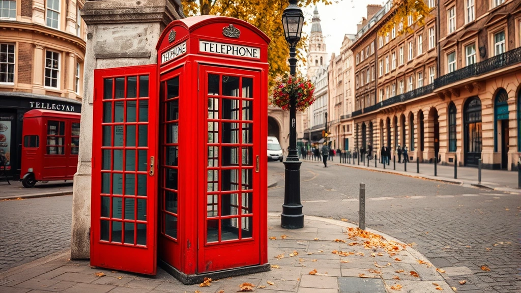 Vintage red British phone booth on London street corner with historic buildings in background, cobblestone pavement, autumn leaves scattered, authentic London atmosphere