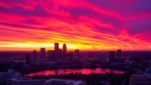 Aerial view of Austin skyline at sunset with Lady Bird Lake and downtown buildings, vibrant purple and orange sky, no text or signs visible