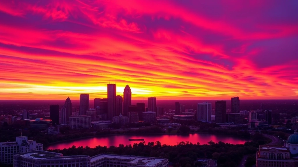 Aerial view of Austin skyline at sunset with Lady Bird Lake and downtown buildings, vibrant purple and orange sky, no text or signs visible
