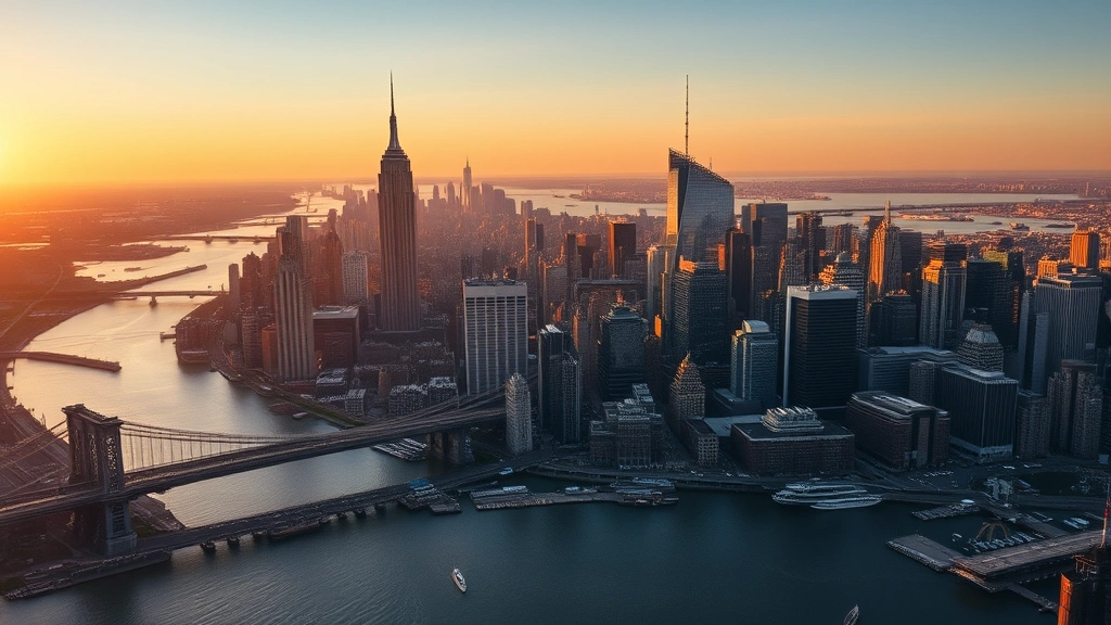 Aerial view of Manhattan skyline at sunset with Hudson River, Empire State Building and One World Trade Center visible, golden hour lighting, clear sky, photorealistic high-resolution photograph