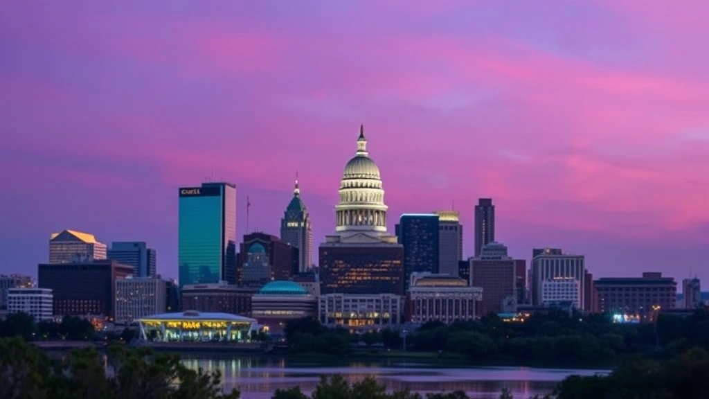 Austin skyline with Texas Capitol dome at dusk, Lady Bird Lake reflection, downtown buildings illuminated, vibrant purple-pink sky, modern cityscape photography
