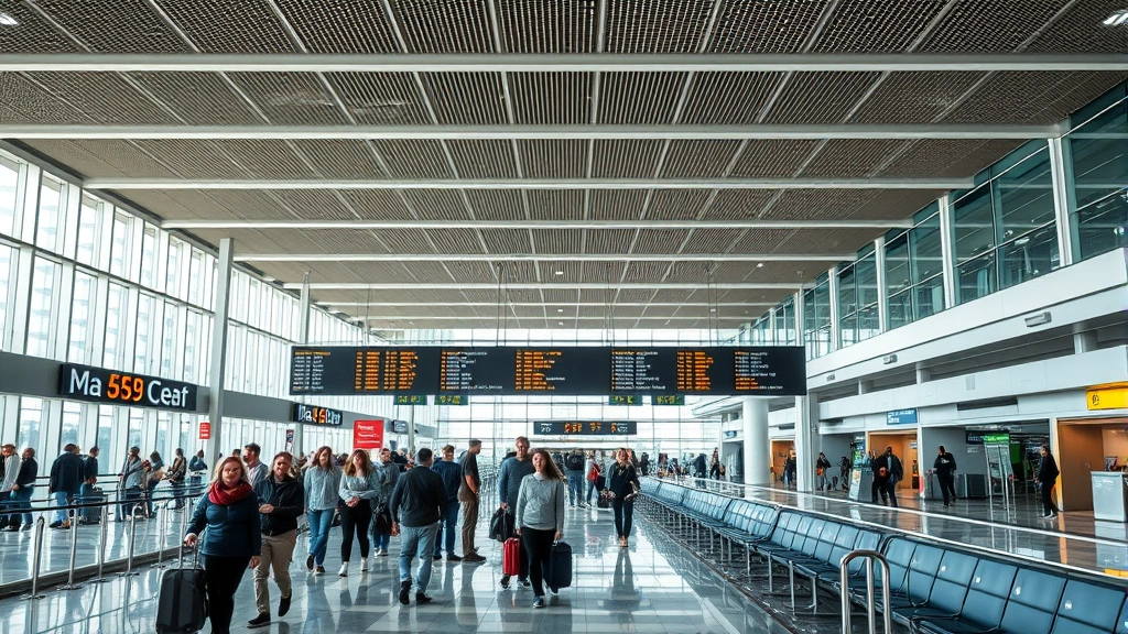 Interior of modern airport terminal with passengers at gate, departure boards visible, contemporary seating areas, natural lighting, busy travel hub atmosphere, realistic travel photography