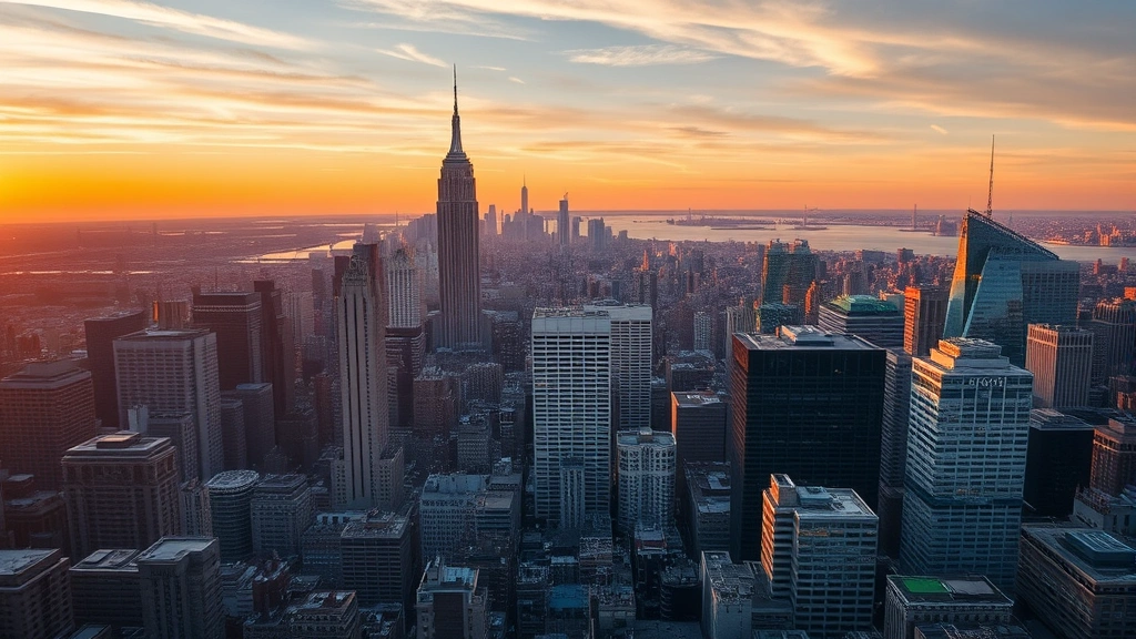 Aerial view of New York City skyline at sunset with Manhattan skyscrapers reflecting golden hour light, iconic buildings visible, vibrant urban landscape