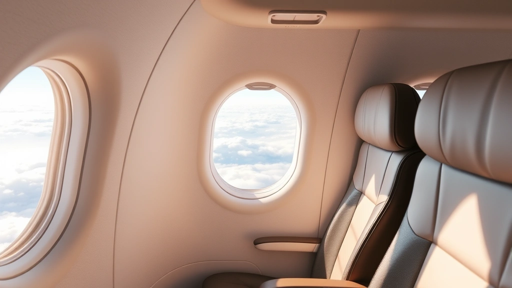 Modern airplane cabin interior during flight with window showing clouds below, comfortable seating, natural window light streaming through portholes