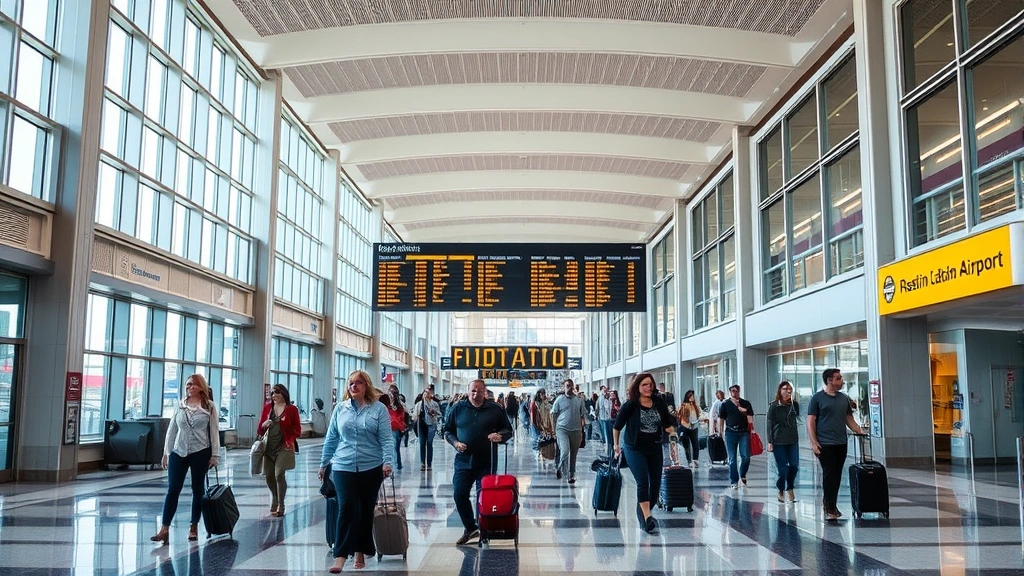 Austin airport terminal interior with travelers walking with luggage, modern architecture with natural light, departure board visible in background
