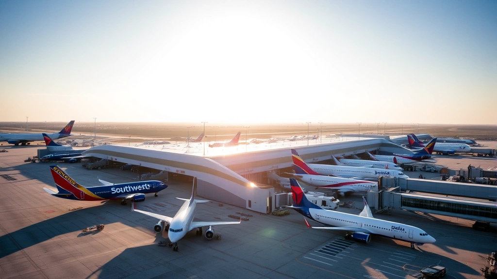 Aerial view of Austin-Bergstrom International Airport terminal with Southwest and Delta aircraft parked at gates, morning sunlight casting long shadows, modern airport architecture