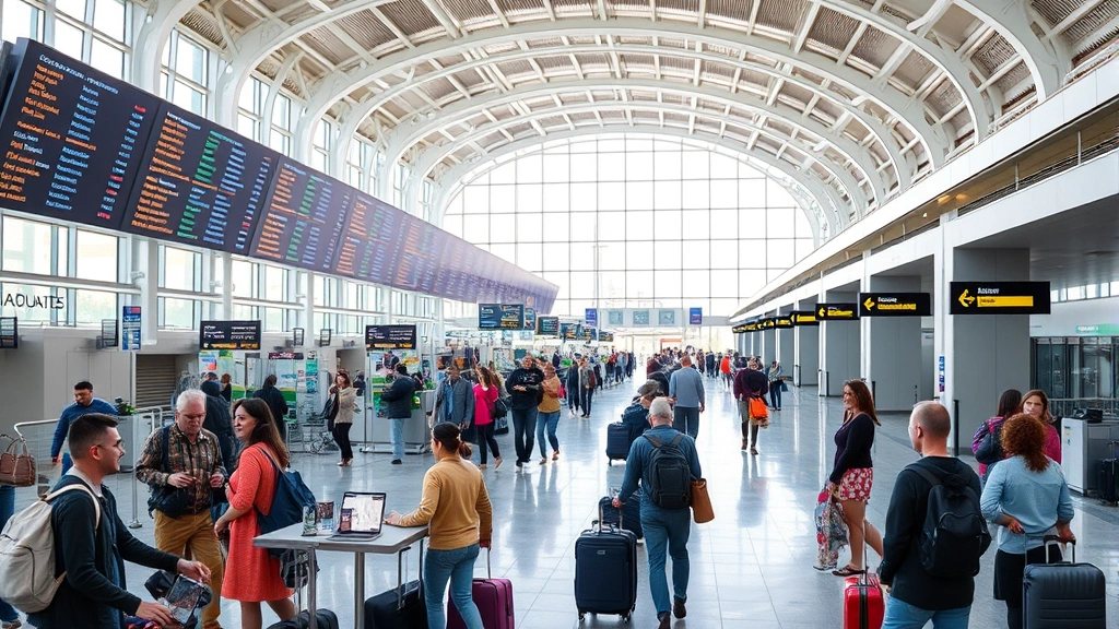Vibrant Orlando International Airport departure hall with diverse travelers checking luggage, digital flight boards displaying destinations, modern glass and steel architecture, bright natural light