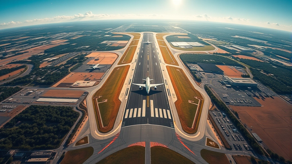 Aerial view of Austin-Bergstrom International Airport runway with planes, sunny Texas landscape, wide angle photography