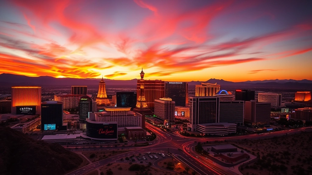 Las Vegas Strip skyline at sunset with iconic casinos and hotels, desert landscape, vibrant golden hour lighting