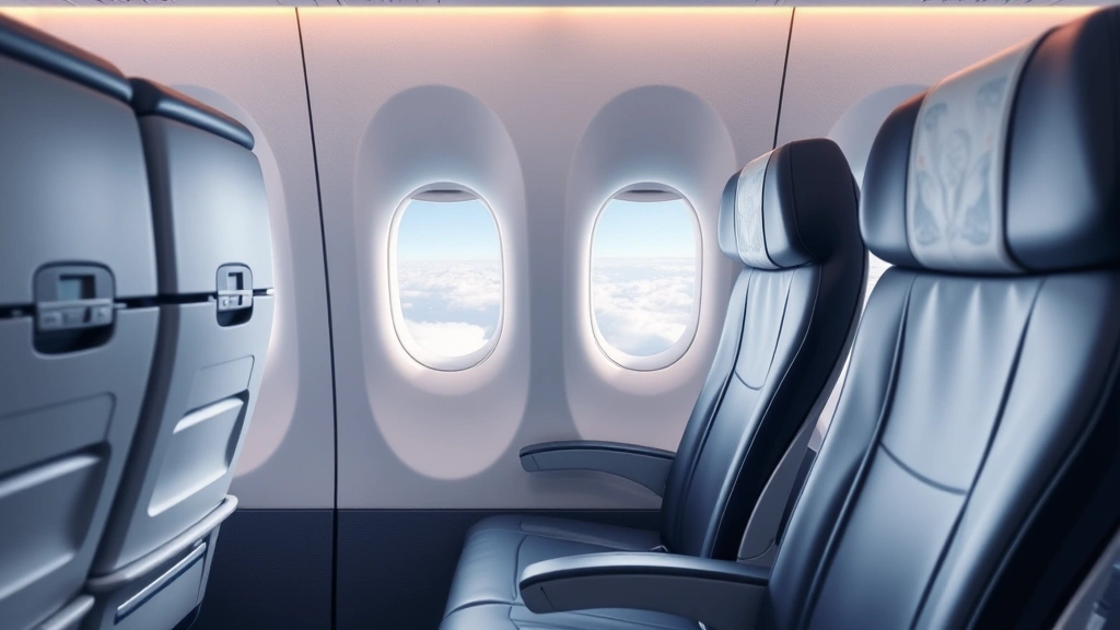 Modern airplane cabin interior showing comfortable economy seating, window view of clouds, bright natural light