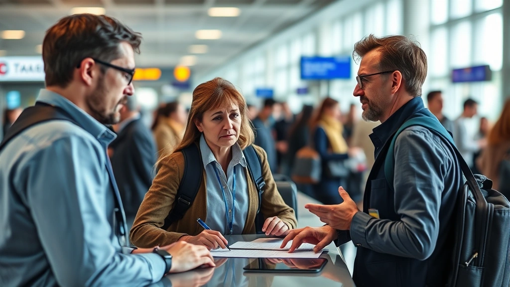 Frustrated passenger at airport customer service desk with airline staff, natural lighting, busy airport background, authentic emotions, travel disruption scenario
