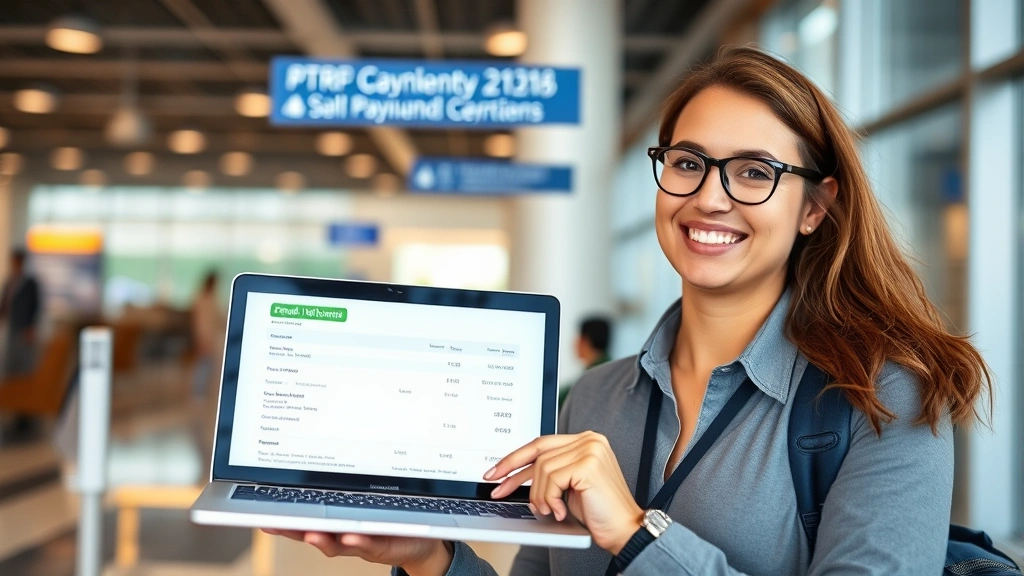 Traveler holding refund confirmation document with laptop showing payment status, modern airport lounge setting, professional documentation display, satisfied expression