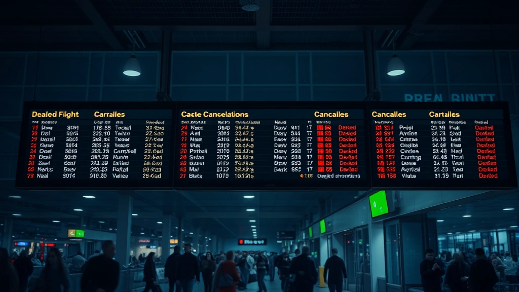 Airport terminal at night with delayed flight information board showing cancellations, moody atmospheric lighting, crowded departure area, real disruption scenario