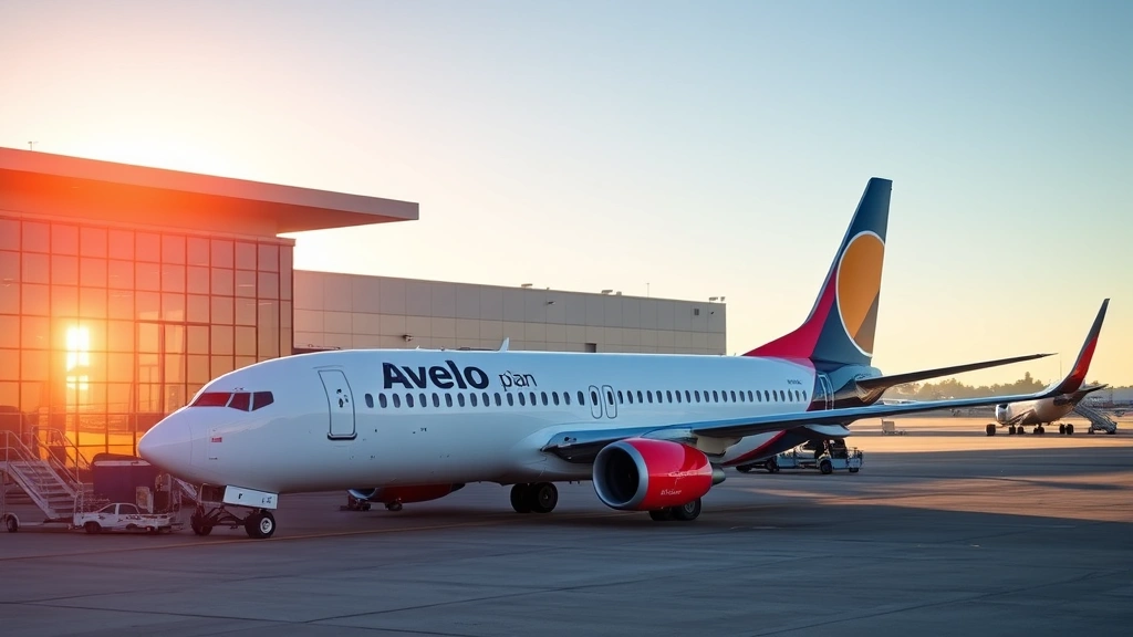 Modern Boeing 737 MAX aircraft in Avelo Airlines livery parked at Buchanan Field Airport in Concord, California, with morning sunlight illuminating the terminal building and clear blue sky