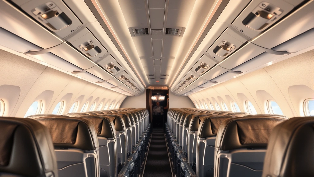 Spacious, bright interior cabin of a commercial aircraft with rows of economy seats, overhead bins, and large windows showing clouds during a daytime flight across America