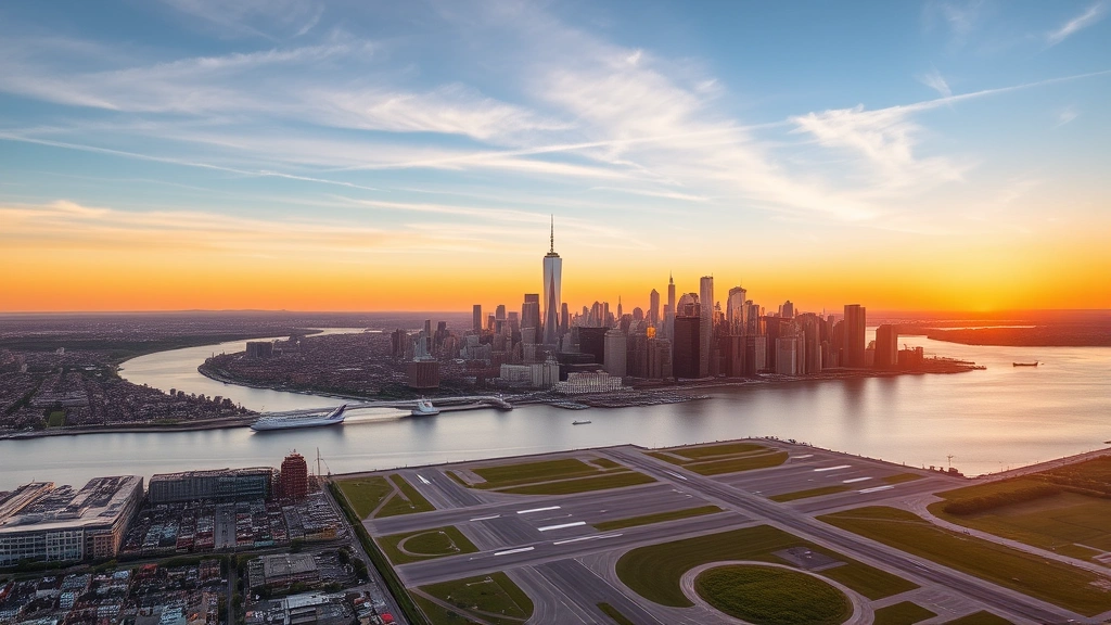 Aerial view of Manhattan skyline and East River with LaGuardia Airport runways visible in foreground, showing the transition from Queens neighborhoods to iconic New York City skyscrapers at sunset