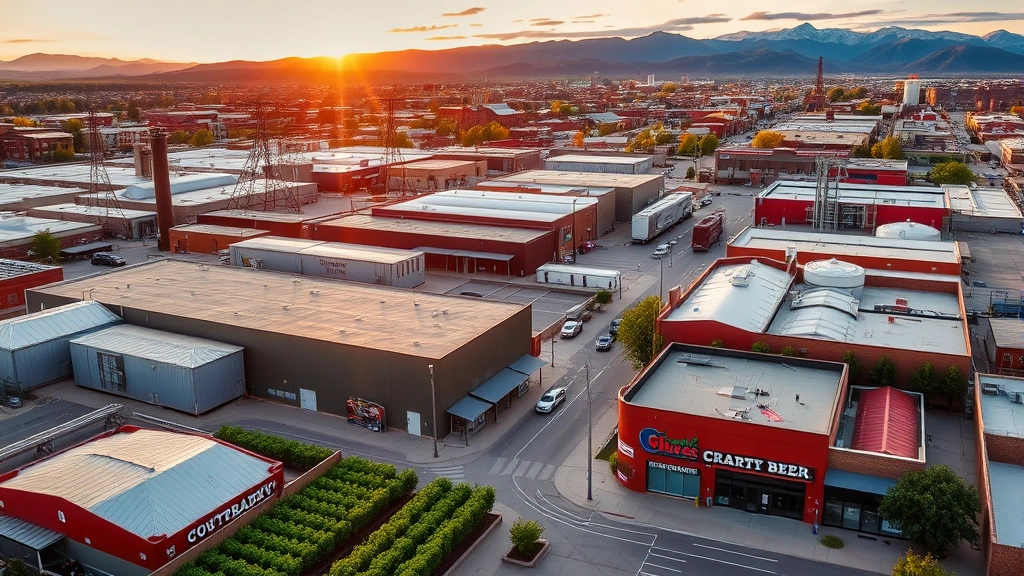 Aerial view of Denver's South Broadway brewery district with industrial buildings and hop gardens, golden hour sunlight, vibrant craft beer taproom exteriors, Rocky Mountains visible in background