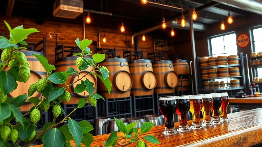 Portland brewery interior with wooden barrel-aged beer tanks, hop vines in foreground, craft beer flight glasses arranged on rustic wooden bar, industrial ceiling with Edison bulbs, warm amber lighting