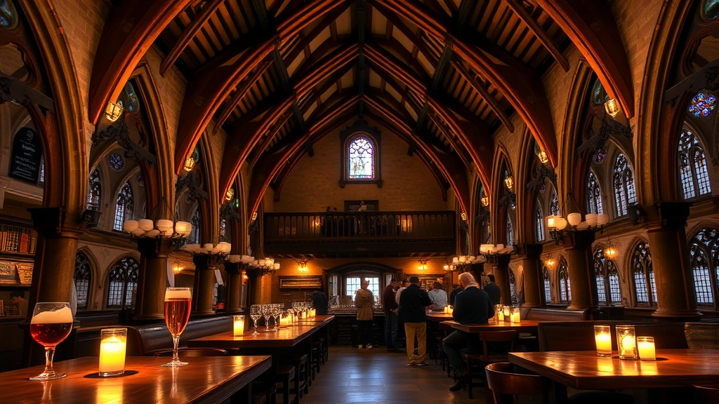 Medieval Brussels beer hall interior with vaulted ceilings, traditional Trappist beer glasses, Belgian abbey architecture, candlelit wooden tables, authentic European brewery ambiance, patrons in background