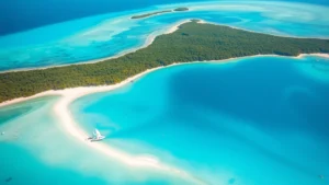 Aerial view of turquoise Caribbean waters with white sand beach and Belize tropical coastline, vibrant blue ocean meeting green jungle landscape, photorealistic travel destination imagery