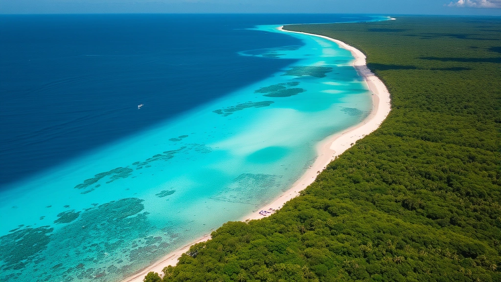 Aerial view of turquoise Caribbean waters with white sand beach and dense jungle meeting pristine coastline near Belize, tropical paradise landscape with clear blue sky