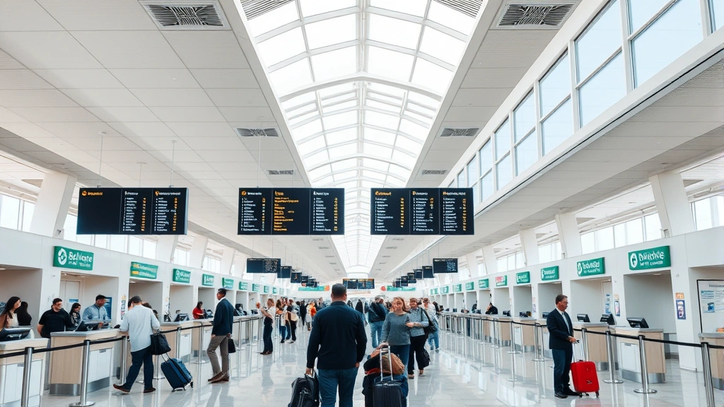 Belize City airport terminal interior with modern check-in counters, departure boards, and travelers with luggage, bright natural lighting, professional travel hub environment