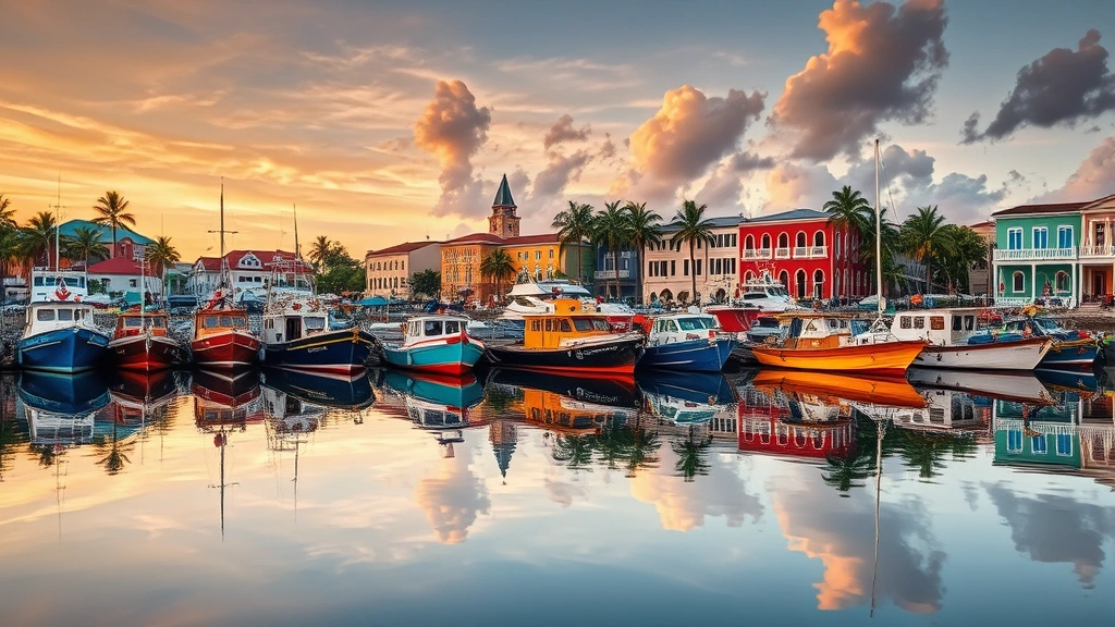 Belize City harbor with colorful wooden boats and colonial architecture buildings reflected in calm water, vibrant tropical port town at sunset with palm trees