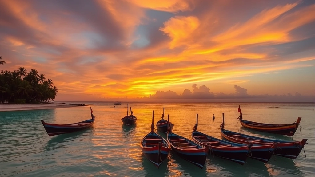 Sunset over Caribbean Sea in Belize with colorful traditional wooden boats anchored in shallow turquoise water, palm trees silhouetted against orange sky, travel destination ambiance