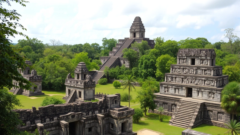 Ancient Mayan temple ruins in jungle clearing with carved stone structures and lush green vegetation, archaeological site in Belize with dramatic stone pyramids