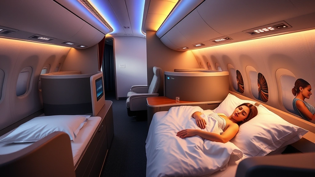 Luxury airline business class cabin with lie-flat beds, soft lighting, and premium bedding on a modern Boeing 787, passenger sleeping peacefully, overhead view showing spacious suite design