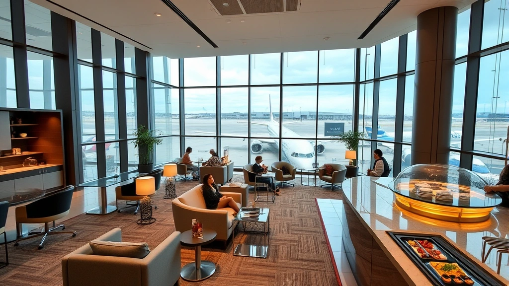 Modern airport lounge interior with comfortable seating areas, floor-to-ceiling windows showing aircraft on tarmac, premium dining buffet, and spa facilities, travelers relaxing before departure