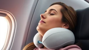 Close-up of a traveler wearing a premium memory foam neck pillow on an airplane, resting peacefully against the window with soft cabin lighting, showing comfort and relaxation during flight
