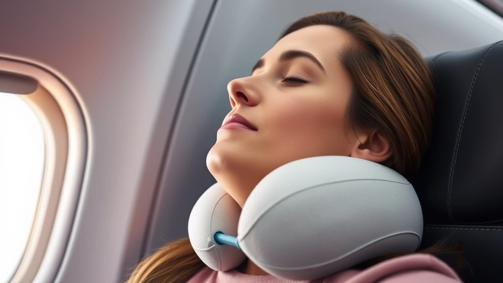 Close-up of a traveler wearing a premium memory foam neck pillow on an airplane, resting peacefully against the window with soft cabin lighting, showing comfort and relaxation during flight