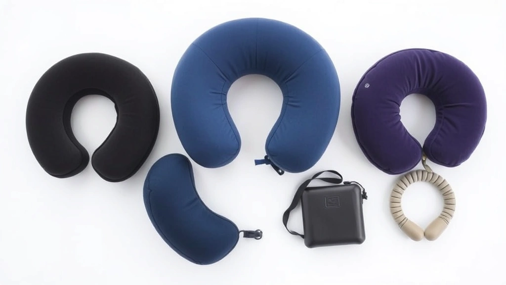 Flat lay comparison of five different neck pillow styles arranged on a light background, including U-shaped memory foam, inflatable, hybrid design, and compact options, travel-focused composition