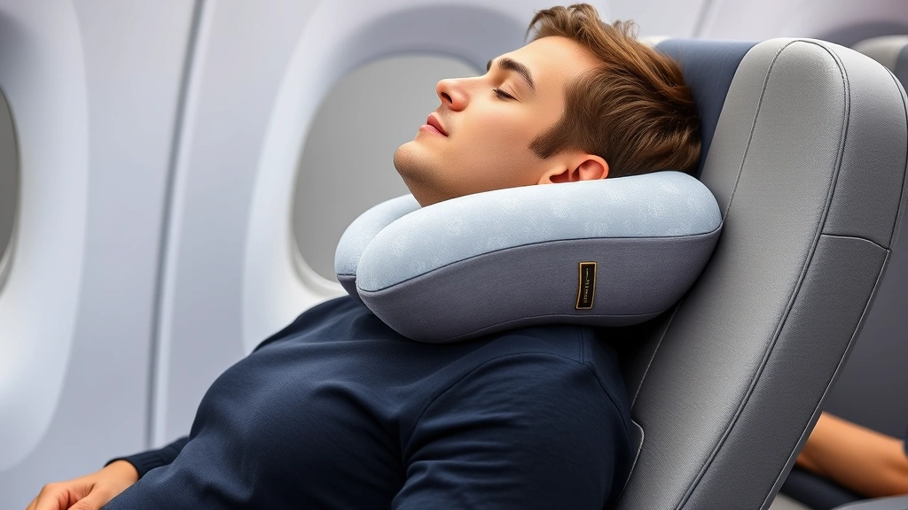 Premium memory foam neck pillow in soft gray color displayed on modern airplane seat with passenger in casual travel attire peacefully sleeping with proper neck support
