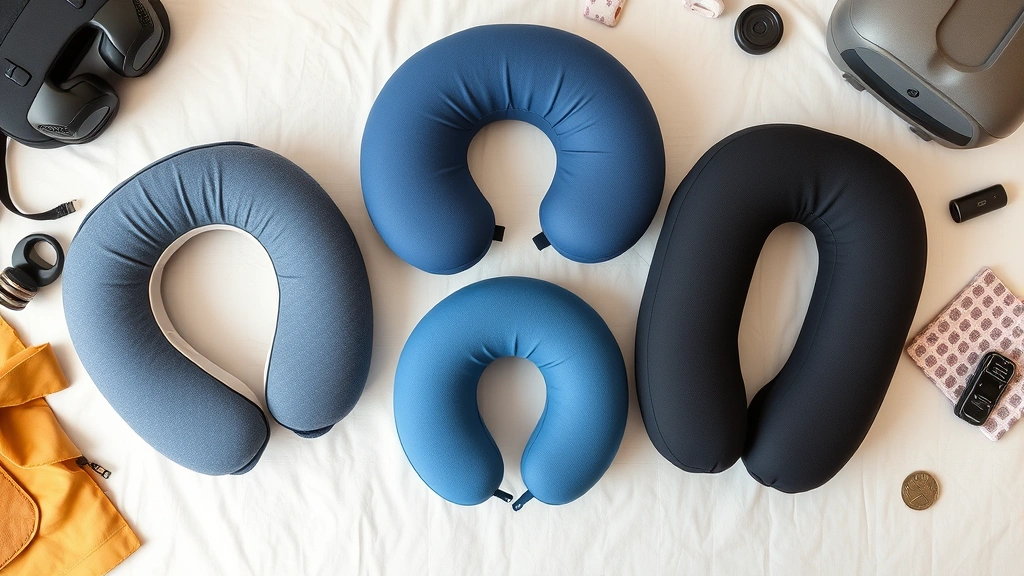 Overhead view of travel pillow collection showing three different styles - U-shaped memory foam, inflatable, and hybrid design - arranged on light background with travel accessories nearby