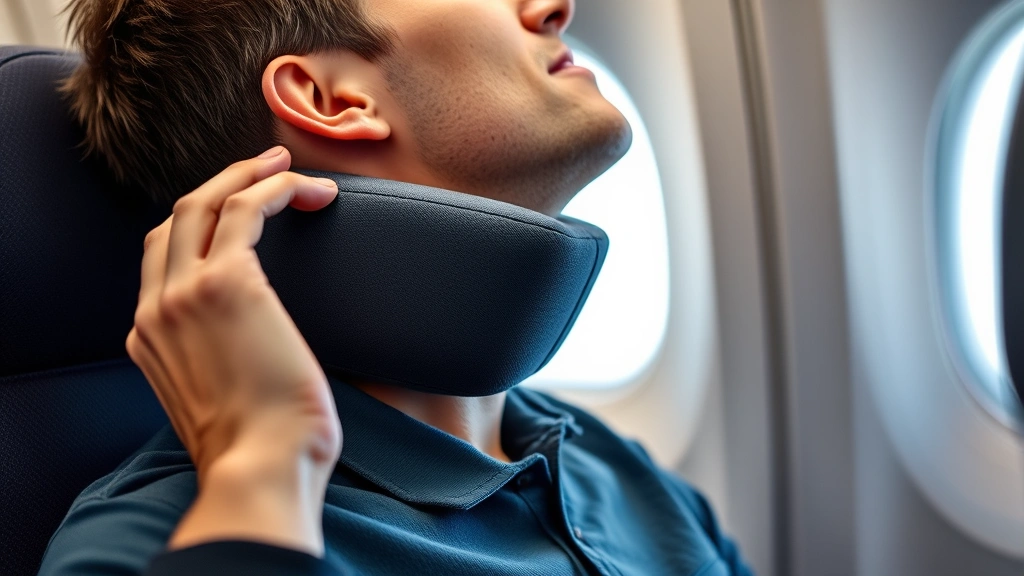 Close-up of traveler adjusting ergonomic travel pillow while sitting in economy airplane seat, showing proper neck alignment and comfort positioning during flight