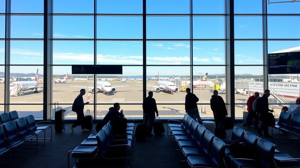Seattle-Tacoma International Airport gate area with planes visible through windows, comfortable seating, natural Pacific Northwest lighting, travelers with luggage and carry-ons, modern airport design