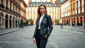 Woman wearing tailored black leather flight jacket over white turtleneck and high-waisted black trousers, standing in a modern European city square with historic architecture in background, confident pose, natural lighting, urban fashion photography style