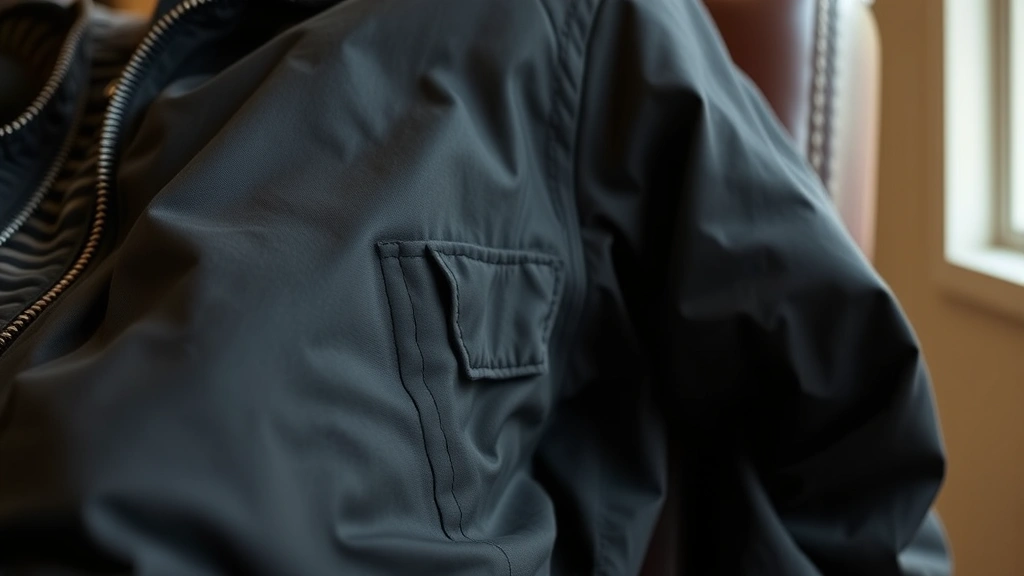 Close-up detail of quality black flight jacket showing texture, stitching, and metal zipper, draped over a chair with warm interior lighting highlighting material quality and craftsmanship