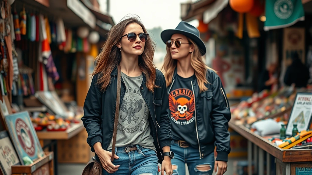 Woman in black flight jacket paired with vintage band tee and ripped jeans, exploring a bohemian street market with colorful vendor stalls, natural daylight, candid travel photography capturing adventurous spirit and personal style