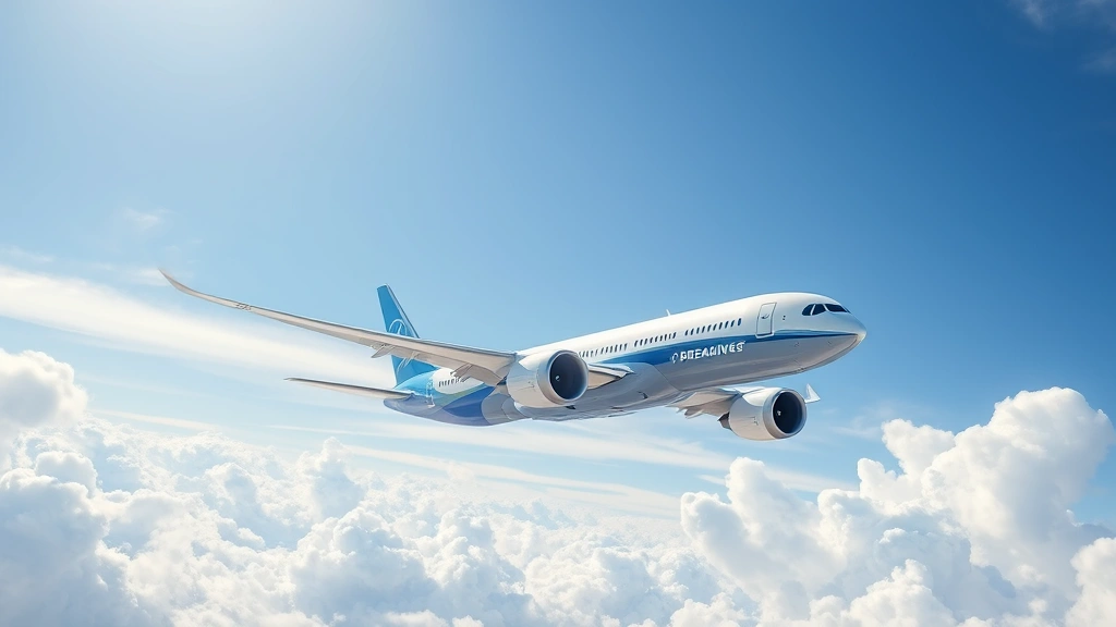 Modern Boeing 787 Dreamliner aircraft soaring through brilliant blue sky with white clouds, sleek composite fuselage catching sunlight, wings extended in graceful flight