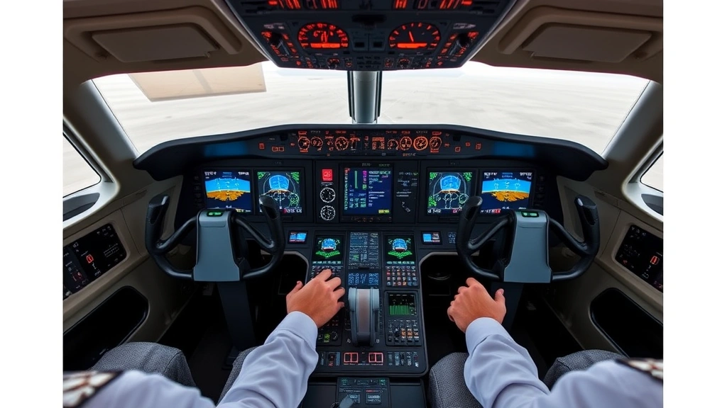 Cockpit interior of Boeing 787 with advanced glass avionics displays showing flight data, dual control columns, multiple system monitors, professional pilot hands on controls