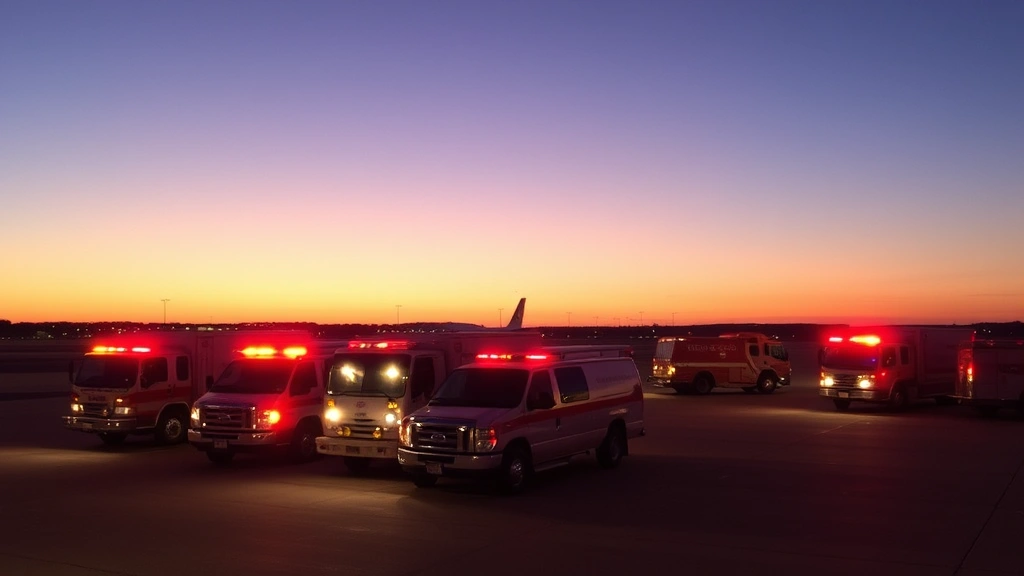 Airport emergency response vehicles positioned on tarmac during sunset, fire trucks and medical units in formation, runway lights illuminated, readiness and coordination visible