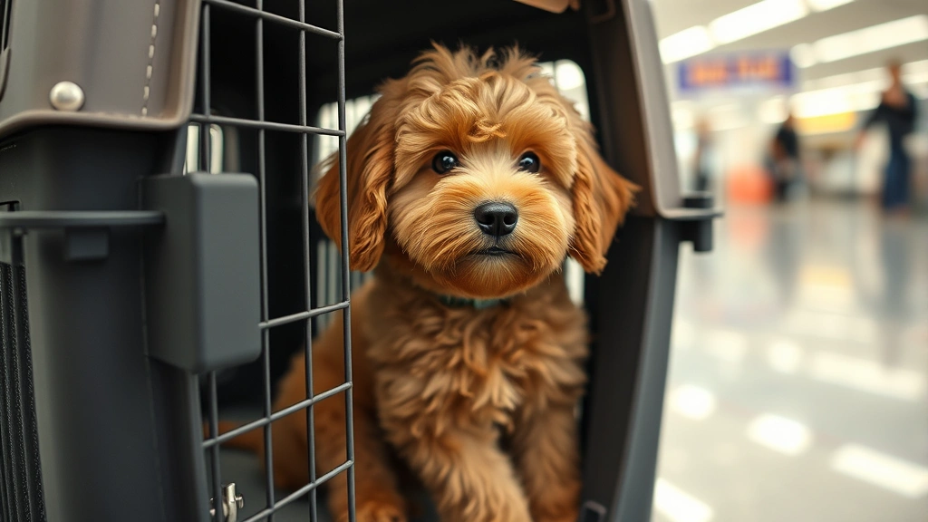 Golden-colored Bordoodle sitting alertly in an airline-approved travel crate, looking out through the crate door with curious expression, airport terminal visible blurred in background, professional pet travel photography