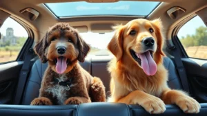 A happy Bordoodle and Golden Retriever duo sitting in back seat of car with windows down, tongues out, enjoying a road trip adventure on a sunny day