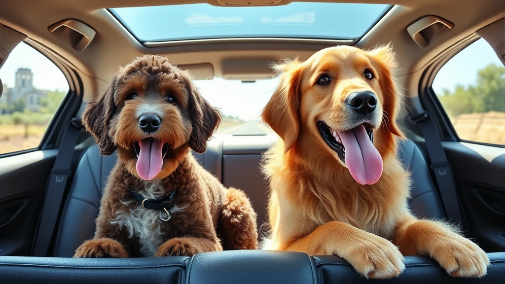 A happy Bordoodle and Golden Retriever duo sitting in back seat of car with windows down, tongues out, enjoying a road trip adventure on a sunny day