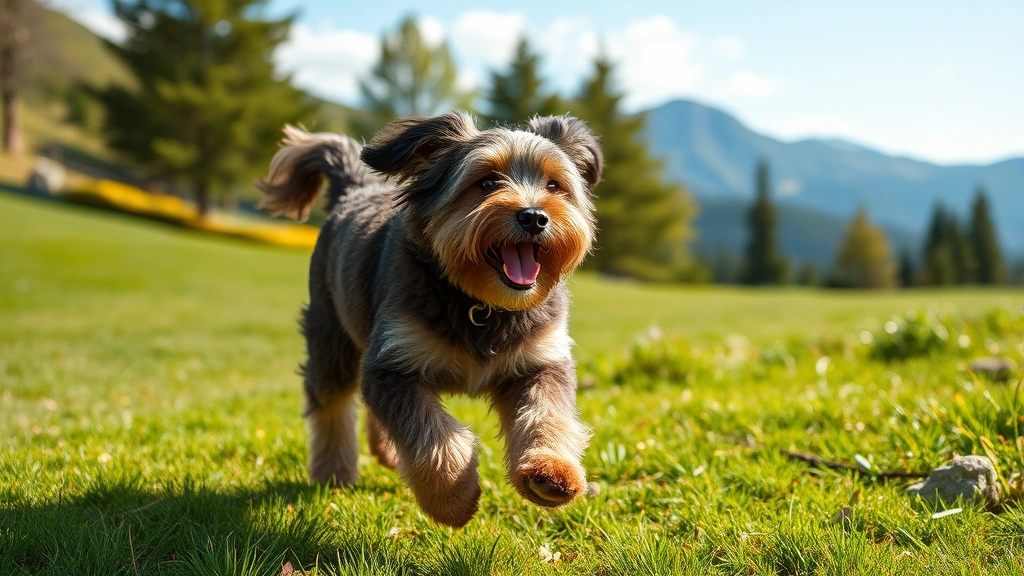 Happy Bordoodle running freely in a grassy park at a sunny mountain destination, mountains visible in distance, dog appearing relaxed and joyful after arrival, natural outdoor lighting